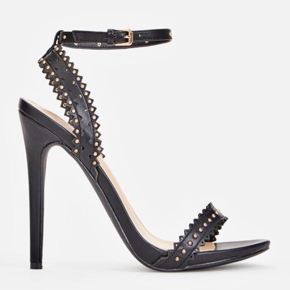 JustFab Black Lazer Cut Studded Heels - Kingslee
